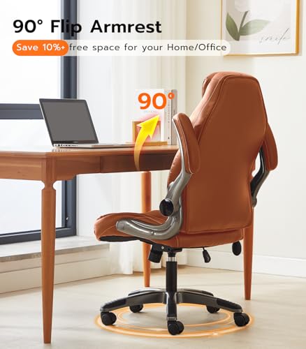 Office Desk Chair, Ergonomic Computer Chair with Padded Flip-Up Arms and Adjustable Lumbar Support, PU Leather Executive Chair with Tilt Lock and 360° Swivel Rolling Wheels for Work, Study Ylzyxal