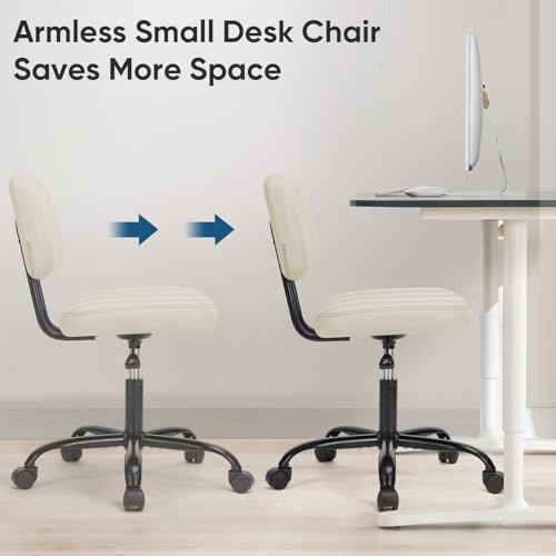 DUMOS Armless Home Office Desk Chair -Small Ergonomic with Low Back Lumbar Support, Height Adjustable PU Leather Computer Task with 360° Swivel Rolling Wheels, for Small Space, Beige White DUMOS