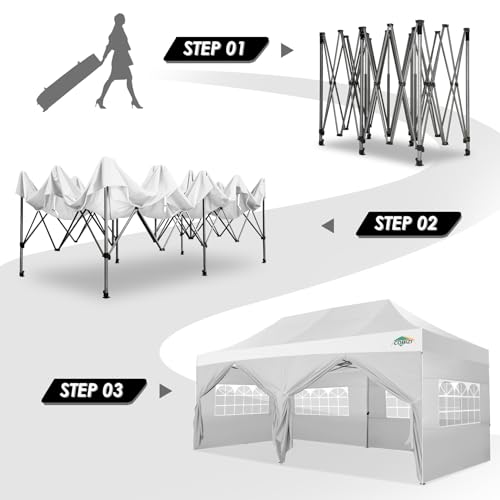 COBIZI 10x20 Canopy with Sidewalls, Heavy duty Party Tent Pop up carpas para fiestas, Tents for Parties, wedding, Outdoor Ez up Foldable Portable Canopy Tent with Wheeled Bag, White(Windproof Upgrade) COBIZI