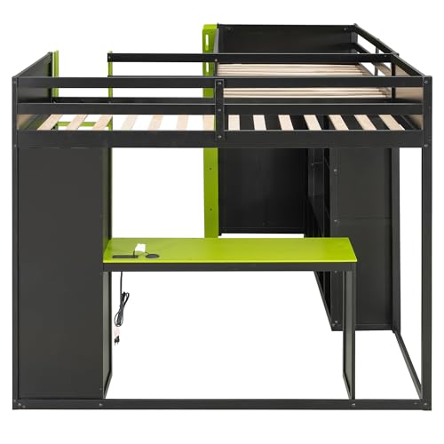 Twin Size Gaming Loft Bed with Lights & USB Ports & Dual Desk for 2 Teens Adults,Wood L-Shaped Loft Bed Frame with Double twin Beds, TV Stand,Storage Shelves and Ladders for Gamers Teens Adults,Green FUvellamo