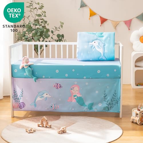 TCOYIWL 4 Pieces Crib Bedding Set for Baby Boys Girls, Infant Toddler Nursery Baby Bedding Sets Includes Cartoon Quilt, Fitted Crib Sheet, Crib Skirt and Plush Mermaid Toy TCOYIWL