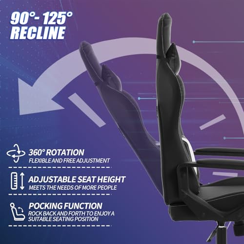 Gaming Chair Office Chair High-Back Ergonomic Video Game Chairs for Kids Teen Adult Height Adjustable Reclining Computer Chair with Lumbar Support Armrest Headrest Game Chair - White BSTOPHKL