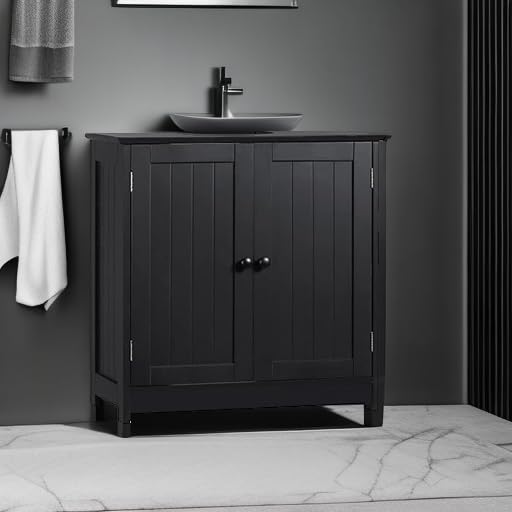 HOMCOM Under Sink Bathroom Cabinet with 2 Doors and Shelf, Pedestal Sink Bathroom Vanity Cabinet, Black HOMCOM