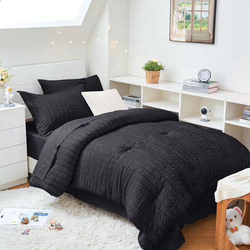 HYMOKEGE Black Twin XL Comforter Set Seersucker 5 Pieces, All Season Luxury Bed in a Bag for Bedroom, Bedding Set with Comforters, Sheets, Pillowcase & Sham HYMOKEGE