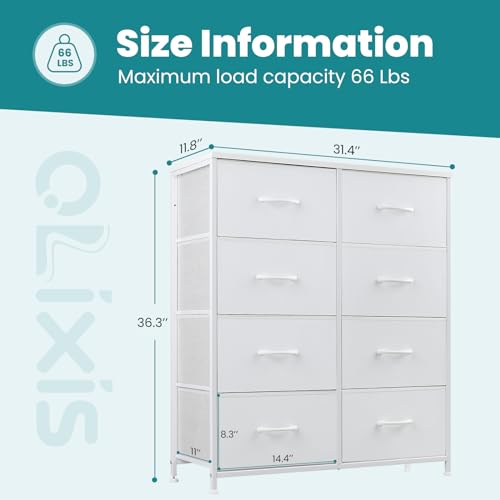 OLIXIS Dresser for Bedroom, 8 Storage Drawers, Tall Large Fabric Storage Tower Organizer, Chest of Drawers with Metal Frame Wooden Top for Nursery, Closet, Living Room, Entryway, Classic White OLIXIS
