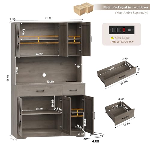 HOSTACK 71" Pantry Cabinet with Charging Station, Tall Kitchen Pantry Storage Cabinet with Microwave Stand, Farmhouse Kitchen Hutch with Storage Drawers for Living Room, Dining Room, Ash Grey HOSTACK