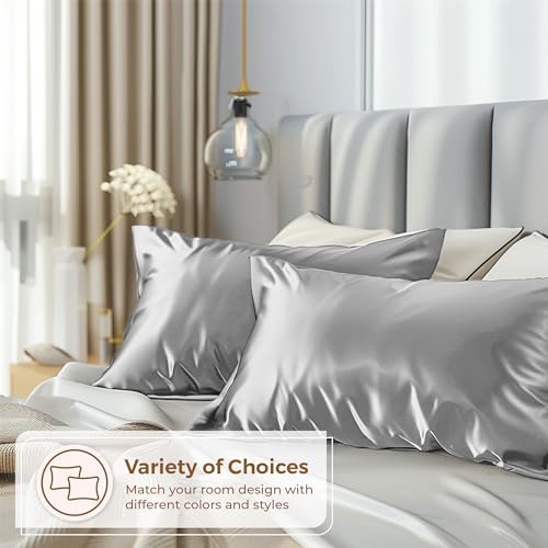 Pure Bedding Satin Pillowcase 2 Pack - Queen Size (20"x30", Grey) - Silky Pillow Cases for Hair and Skin - Satin Pillow Covers with Envelope Closure - Extra Soft Premium Microfiber Pure Bedding
