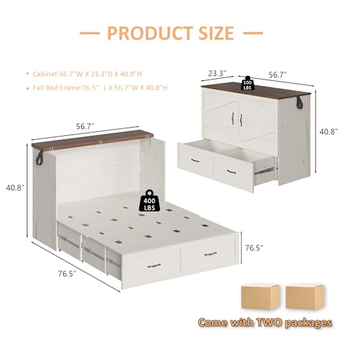 Harpaq Full Size Murphy Bed, Full Size Mobile Cabinet Bed Frame, Farmhouse Wooden Cabinet with Storage Drawer for Bedroom/Office/Guest Room, White+Barnwood Harpaq