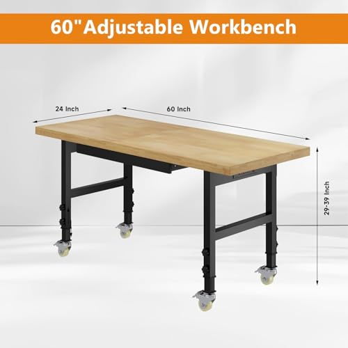 Pelnuies 60" Work Bench with Wheels, Adjustable Height Workbench with Drawers, Heavy-Duty Thick Wood Work Table with Power Outlets, 2000 LBS Capacity Workstation for Garage, Workshop, Office, Home Pelnuies