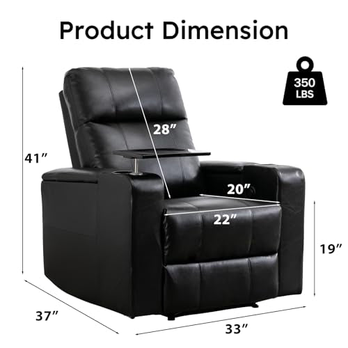 ANJ Home Theater Seating Power Recliner with Hidden Arm Storage, Sigle Faux Leather Recliners with Tray Table, Electric Movie Reclining Chairs with USB Ports & Cup Holders for Media Room, Black