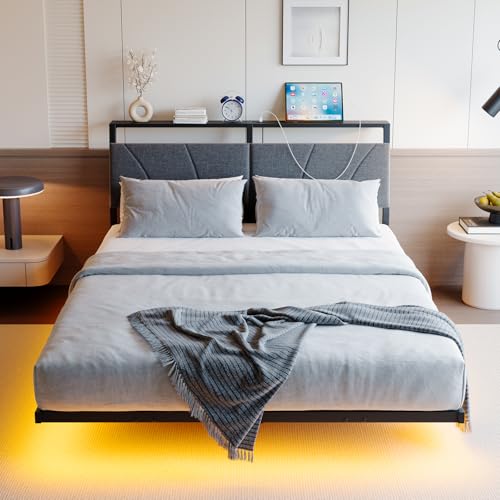 HOJINLINERO Floating Full Size Bed Frame with Headboard&Storage Shelf,Ergonomic Full Bed Frames with USB Charging&LED Lights,Platform Bed Frame Noise-Free Metal Slats | Modern Bedroom Design HOJINLINERO