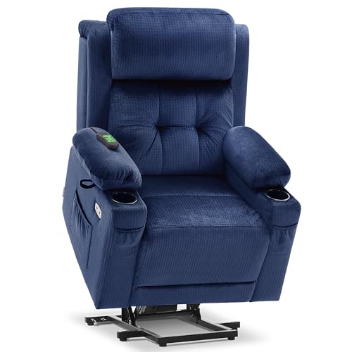 MCombo Lay Flat Triple Motor Power Lift Recliner Chair with Massage and Heat, Electric Recliner Chair for Elderly People, Adjustable Headrest, Infinite Position, Fabric 7662 (Navy Blue, Large)