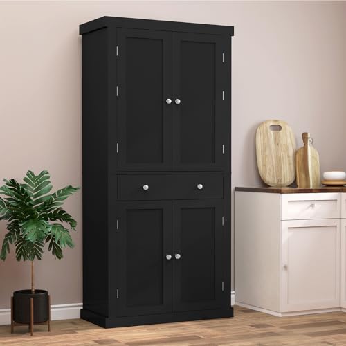 FIONESO 72” Pantry Cabinet, Tall Storage Cabinet with 6 Hanging Shelves & 1 Large Drawer, Kitchen Pantry Cabinet with Adjustable Shelf, for Dinging Room, Living Room, Black FIONESO