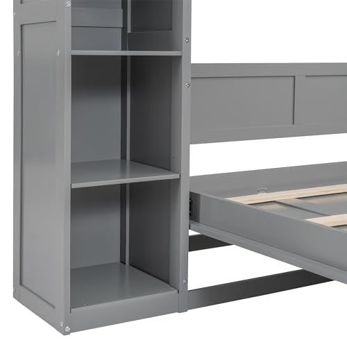 MERITLINE Full Murphy Bed Kit with Storage 8 Shelves and LED Lights, Wood Murphy Bed Cabinet Murphy Bed in a Cabinet Grey Murphy Wall Bed Units Full Size, LP00069 MERITLINE