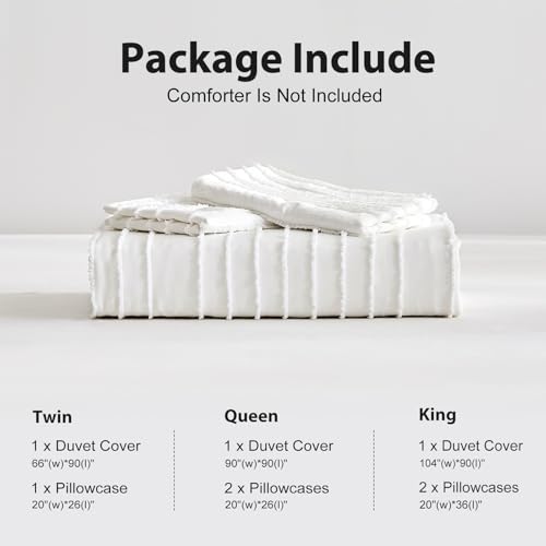 WARMDERN White Boho Duvet Cover Set King Size, Striped Textured Duvet Cover Tufted Bedding Set, 3 Pcs Ultra Soft Washed Microfiber Duvet Cover with Zipper Closure (King, White) WARMDERN