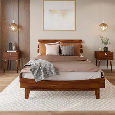 Bme Caden 15-Inch Adjustable Dark Chocolate Bed Frame - Mid Century Modern Design with Solid Acacia Wood