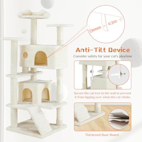 54 Inches Cat Tree Tower Condo Furniture, Cat Tower for Indoor Cats, Cozy Hammock and Sisal Scratching Posts, Multi-Level Durable Cat Scratch Post for Kittens Pet House Play, Detachable Toy, Beige Simple Deluxe