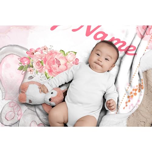 Custom Elephant Baby Blanket for Girls Women Pink Flowers Personalized Blanket with Name Soft Flannel Lightweight Throw Blankets for Bedding Practical Gifts Medium 60×50in for Teen Lokesvararaja