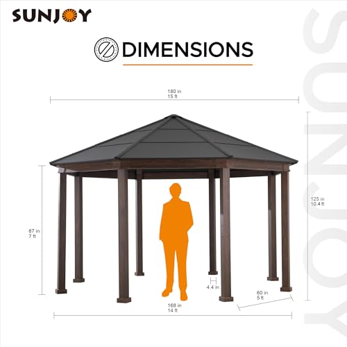Sunjoy 15 x 15 ft. Octagon Hardtop Gazebo Black Aluminum Roof Gazebo with Metal Ceiling Hook Sunjoy