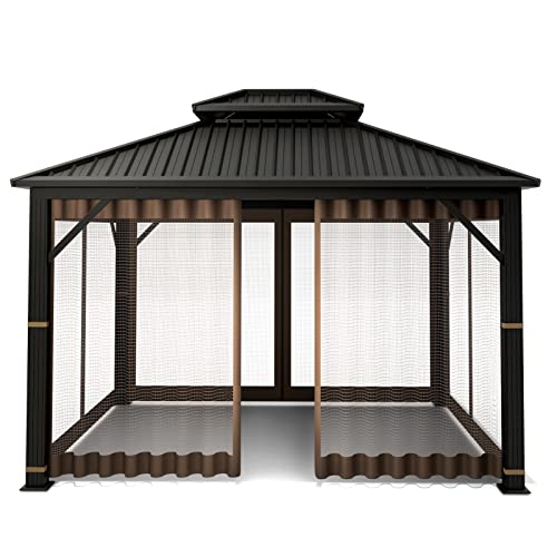 Gazebo Universal Replacement Mosquito Netting – Hugline 10' x 12' Outdoor Mesh Netting Screen 4-Panel Sidewall Curtain with Zipper (Brown) Hugline
