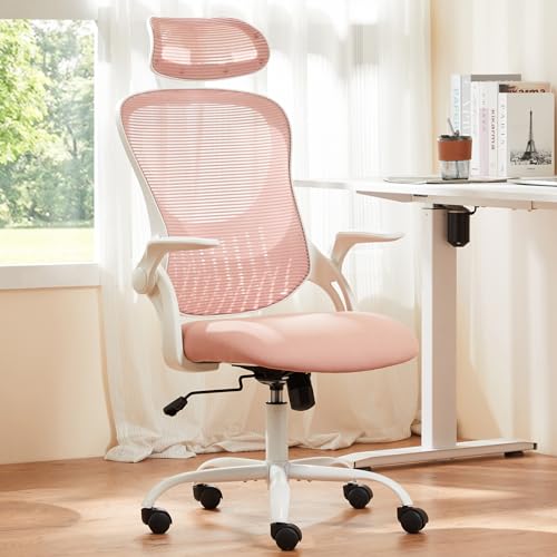 Sweetcrispy Home Office Managerial Executive Chair, High-Back Mesh with Adjustable Headrest, Flip-up Armrest Comfortable Lumbar Support, Comfy Arms for Bedroom,Study,Student Sweetcrispy