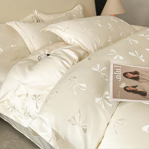 Nayoroom Bow Duvet Cover Queen Size Cooling Duvet Cover for Hot Sleepers 3 Pieces Elegant Cream White Satin Jacquard Breathable Bedding Set with Zipper Closure, Girls Dorm Bedding Nayoroom