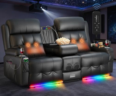 Home Theater Seating, Power Loveseat Recliner Sofa with Massage & Heating, Wall Hugger RV Couch with LED Lights & Built-in Speakers, Flip Backrest, Drawer, USB & Type-C Charging, Cup Holders, Pillows
