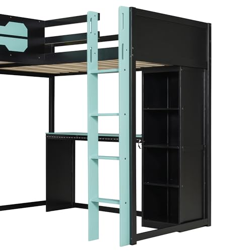 XD Designs L-Shaped Loft Bed Twin Size with Desks and Storage Shelves, Wooden Gaming Loft Bed Frame with LED Lights, USB Ports and TV Stand for 2 Kids Teens Adults, Reversible Layout (Black+Blue-L) XD Designs