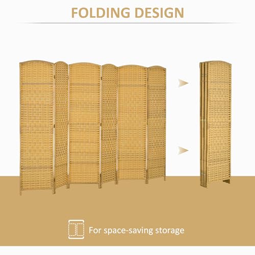 HOMCOM 6 Panel Room Divider, 6' Tall Folding Privacy Screen, Hand-Woven Freestanding Wall Partition for Home Office, Bedroom, Nature Wood HOMCOM