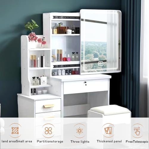 MONGMON Vanity Desk with Mirror and Lights, 3 Lighting Modes, European Style Dressing Table with Drawers, with Open Storage Shelves,Makeup Vanity Table for Bedroom,Gifts for Girls and Women, White MONGMON