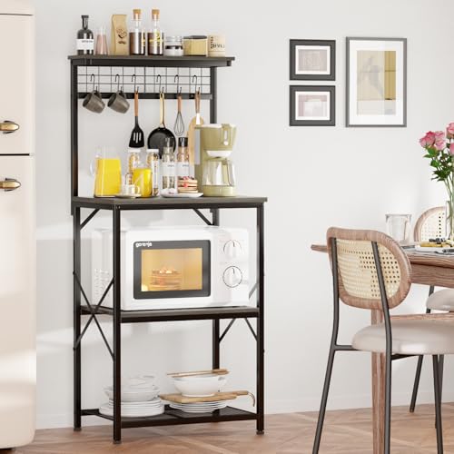 Furologee 4-Tier Black Oak Kitchen Bakers Rack & Microwave Stand with Pegboard and S Hooks Furologee
