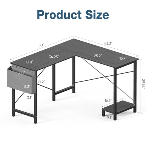 OLIXIS L Shaped Desk, 50-Inch Office Computer Gaming Desks Corner PC Table with Side Bag and Reversible Shelf for Home Work Study Writing Black OLIXIS