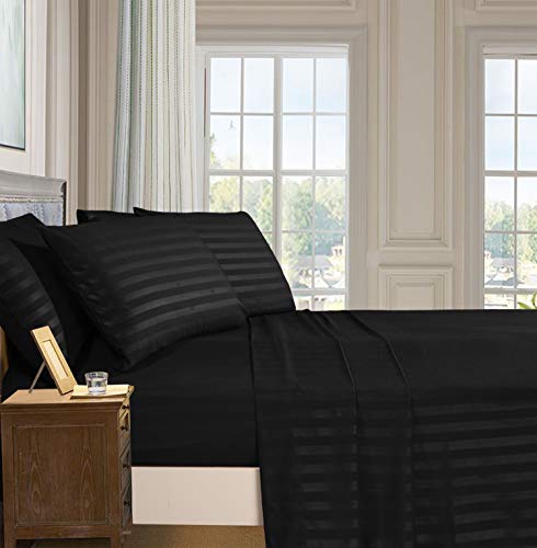 Elegant Comfort Best, Softest, Coziest 6-Piece Sheet Sets! - 1500 Premier Hotel Quality Luxurious Wrinkle Resistant 6-Piece Damask Stripe Bed Sheet Set, Queen Black Elegant Comfort