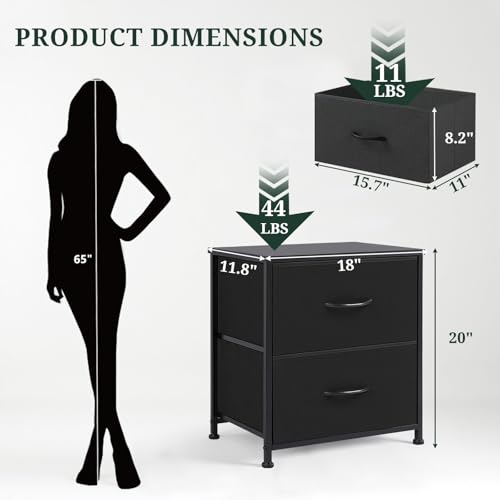 Nightstand, Small 2 Drawer Dresser End Table Bedside Furniture, Wooden Top Fabric Bins for Bedroom, Closet, Entryway, Dorm, 11.8" D x 18" W x 20", Black SageNest