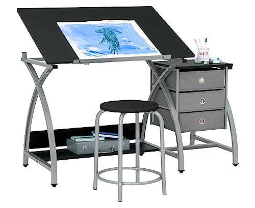 SD STUDIO DESIGNS 2 14 Piece Comet Center Plus, Craft Table and Matching Stool Set with Storage and Adjustable Top, 50x23.75x29.5 inches, Silver/Black SD STUDIO DESIGNS