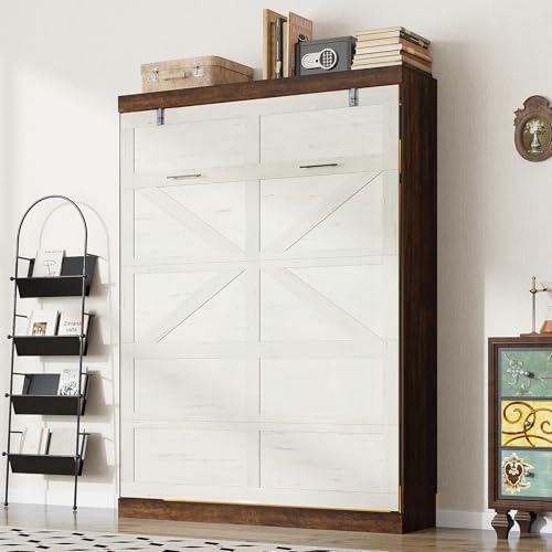 Hlivelood Full Size Murphy Bed with 2 LED Lights, Farmhouse Wood Hidden Foldable Wall Bed Frame w/Gas Struts, Storage Bed Cabinet for Bedroom, Office, Space-Saving, No Box Spring Needed, Rustic White Hlivelood