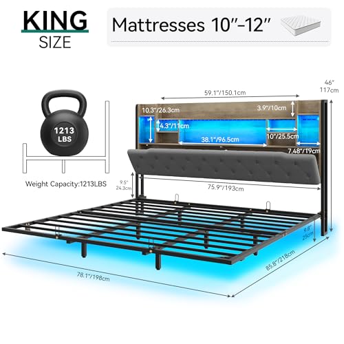 YITAHOME King Floating Bed Frame, Upholstered Platform Bed with RGB LED Lights, Headboard Storage, and Charging Station, No Box Spring Needed,Dark Gray YITAHOME