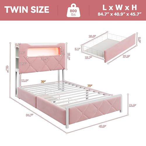 Twin Upholstered LED Bed Frame with 2 Storage Drawers and 2-Tier Storage Bookcase Headboard, Velvet Princess Platform Bed for Kids/Girls/Boys, Heavy Duty Metal Support, No Box Spring Needed, Pink Jocoevol
