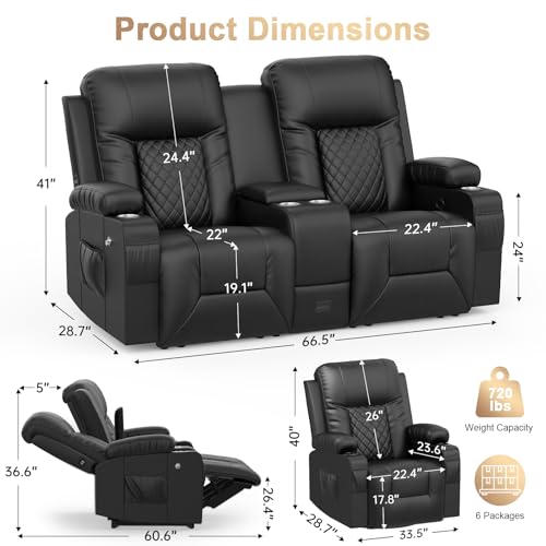 DG PEAFOWL Recliner Sofa Set, Loveseat Recliner Couch and 2 PCS Recliner Chair with Heat & Massage, Home Theater Seating with Console, Drawer, USB Ports & Phone Holders, Reclining Loveseat for Theater
