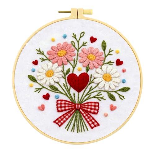 Zhenqing Love Heart Bouquet Embroidery Kit for Beginners, Pre-Printed 29x29cm Cotton Fabric with 20cm Hoop, Sweet Floral Design with Bow and Daisies (C0237)