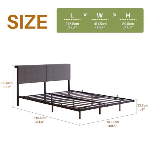 HOMERECOMMEND Floating Bed Frame Queen Size with Storage Headboard and Charging Station, Upholstered Platform Bed with LED Light, Heavy Duty Metal Slats, No Box Spring Needed,Black and Grey HOMERECOMMEND