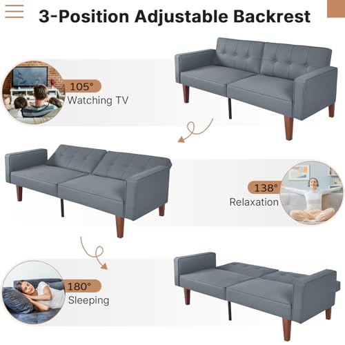 Zevemomo Futon Sofa Bed Leather Futon Couch Loveseat, Convertible Recliner Lounge with Adjustable Backrest, Foam and Spring Cushions for Living Room Apartment Office, PU Leather, Dark Gray Zevemomo