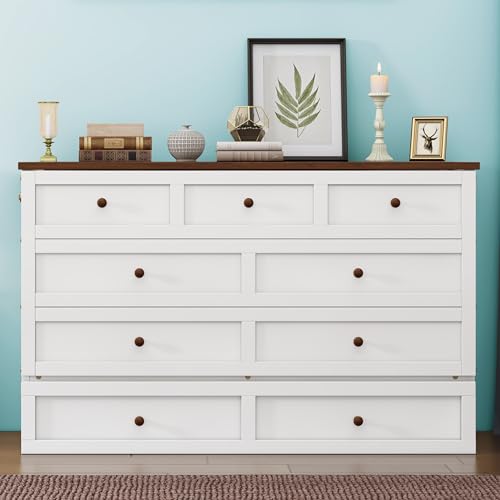 Harper & Bright Designs Full Size Murphy Bed, Wooden Full Murphy Bed Frame with Charging Station and Large Storage Drawer for Home Office/Small Room, White+Walnut Harper & Bright Designs