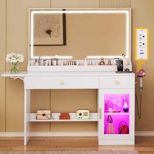 YITAHOME Vanity Desk with Mirror and Lights, RGB Cabinet, Extral Foldable Desk, Makeup Desk with Large Mirror and Power Outlets, Vanity Table Set Bedroom, Dressing Room, White YITAHOME