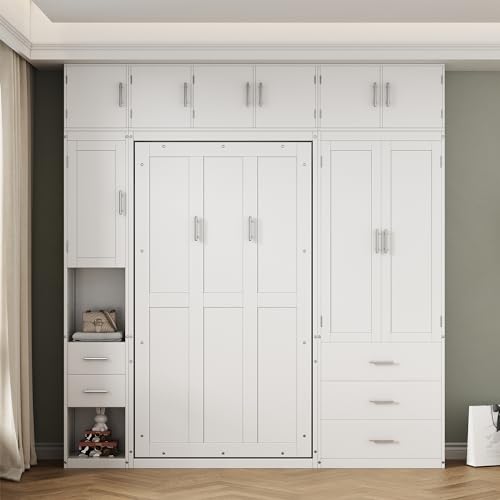 Twin Murphy Bed with Storage Wardrobes,Bookcase Shelves and Drawers,Wood Folding White Murphy Wall Bed Cabinets MERITLINE