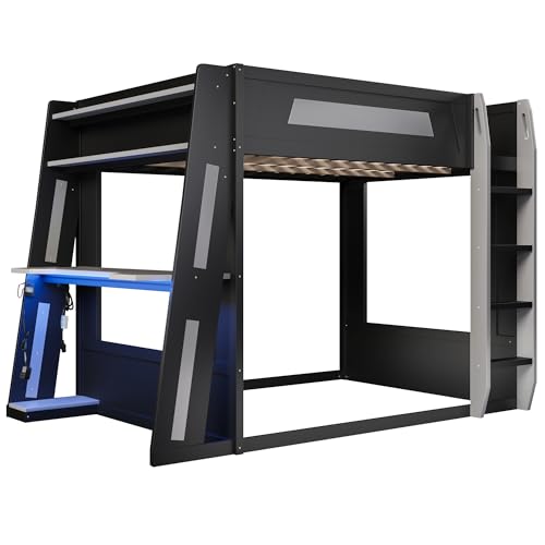 Merax Queen Over Queen Wooden Gaming Bunk Bed with Built-in Desk, LED Lights, USB Port, and 2 Storage Shelves, Solid Wood Gaming Loft Bed for for Bedroom, Black+Grey Merax