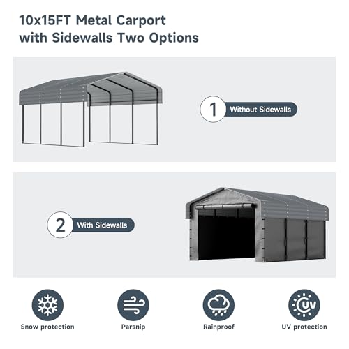 10x15FT Metal Carport Kits with Galvanized Steel Roof, Heavy Duty Metal Frame Carports Canopy with Removable Sidewalls, Garage Car Tent Shelter for Tractors, Boat, Car, Gray DOVELF