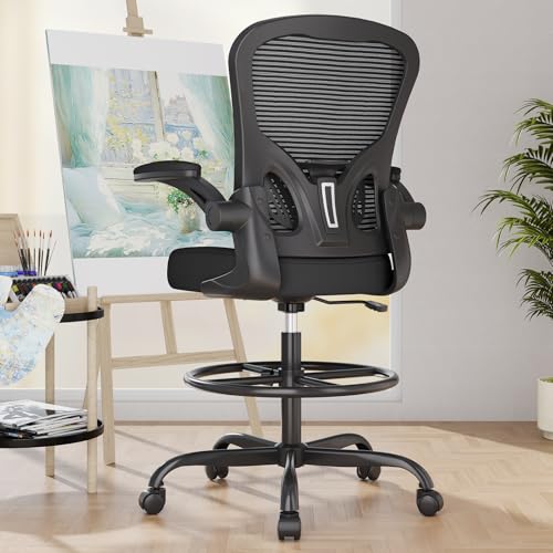Ergonomic Drafting Chair, Tall Office Chair with Flip-up Armrests, Breathable Mesh High Desk Chair with Lumbar Support Adjustable Footrest Ring for Standing Desk Black Synorla