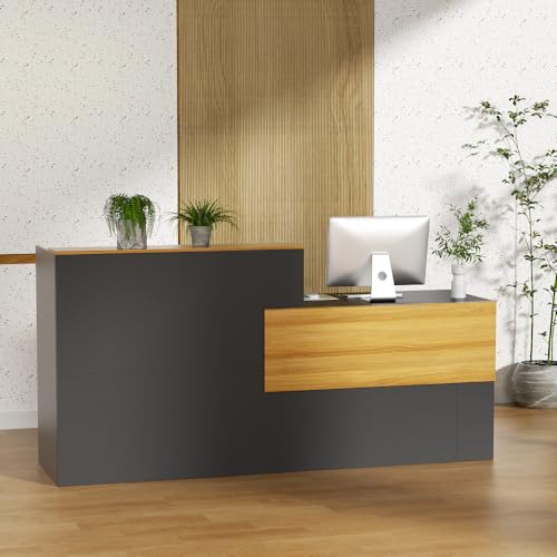 85.8 inches Reception Desk with Counter Modern Front Table Checkout Counter Table Retail Counter for Reception Room,Salon,Office,Store,Shop,Clinic,Lobbies,Retail,Home,Black and Natural