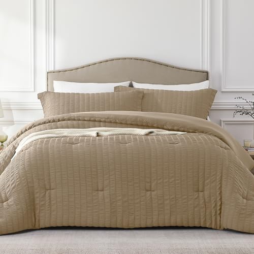 Quataly Brown Full Comforter Set - 3 Pieces Seersucker Lightweight Bedding Comforter Sets (1 Soft Fluffy Comforter & 2 Pillowcases) - All Seasons Cozy Modern Bed Sets Quataly